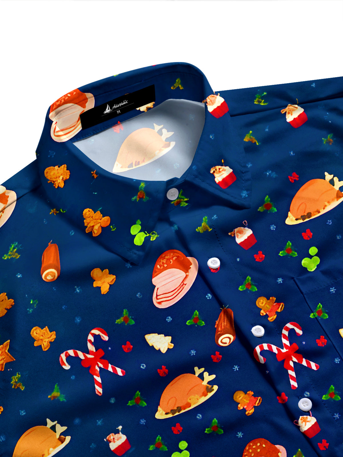 Fun Christmas Turkey Gingerbread Man Xmas Men's Pocket Long Sleeve Shirts