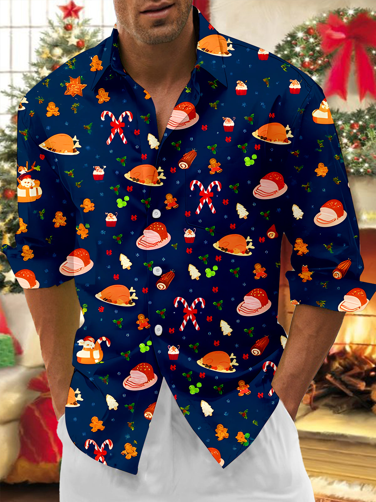 Fun Christmas Turkey Gingerbread Man Xmas Men's Pocket Long Sleeve Shirts