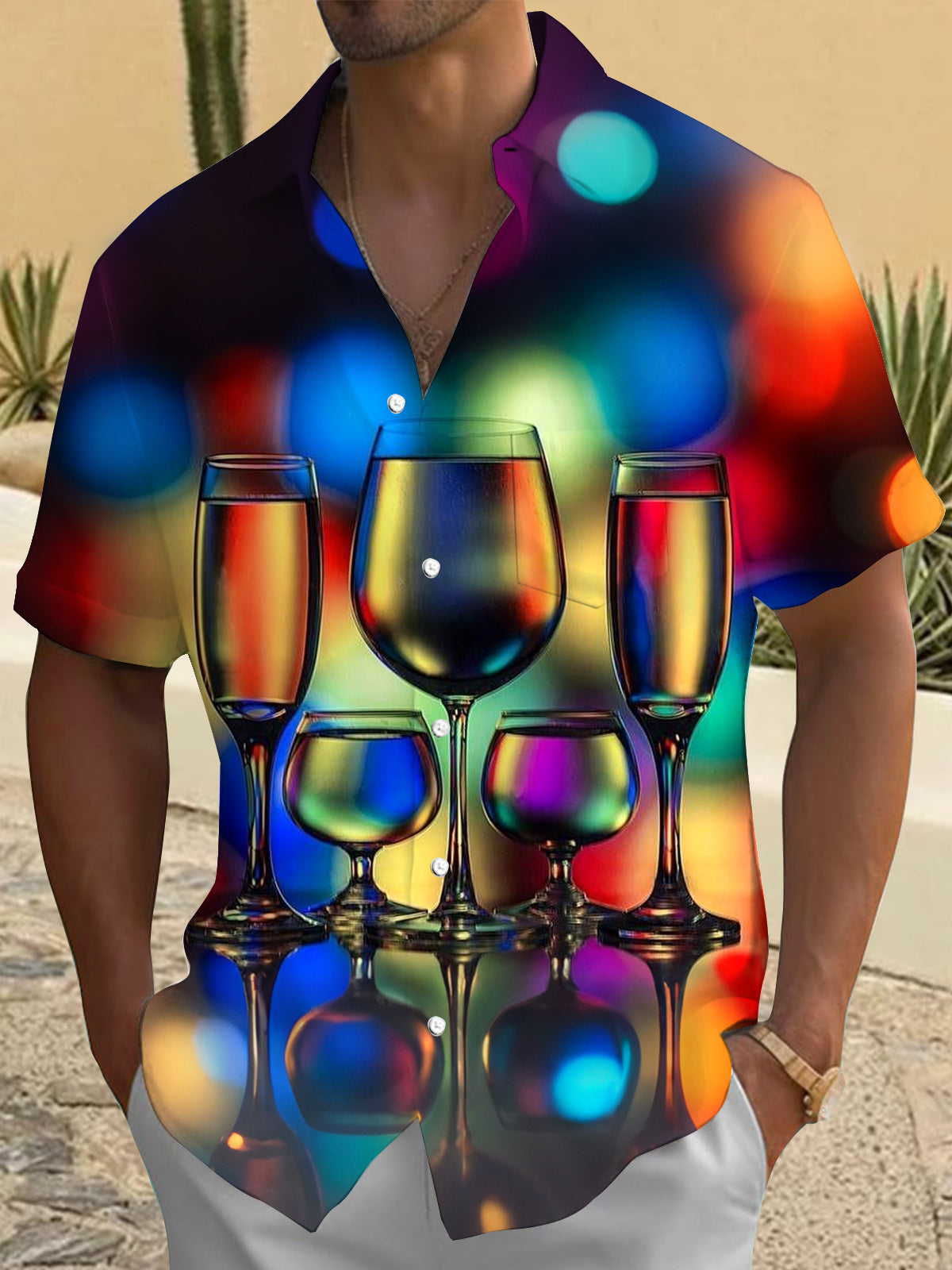 Gradient Champagne Print Men's Pocket Short Sleeve Shirts