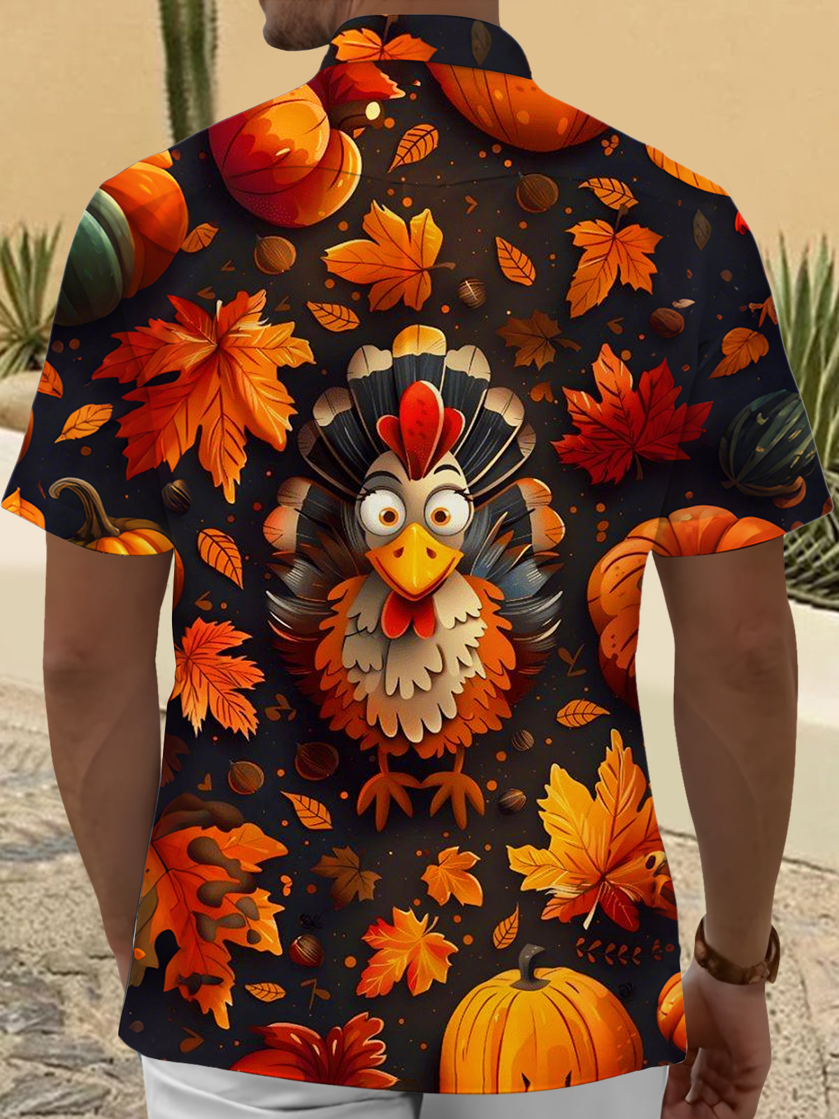 Thanksgiving Turkey Leaf Print Men's Pocket Short Sleeve Shirts