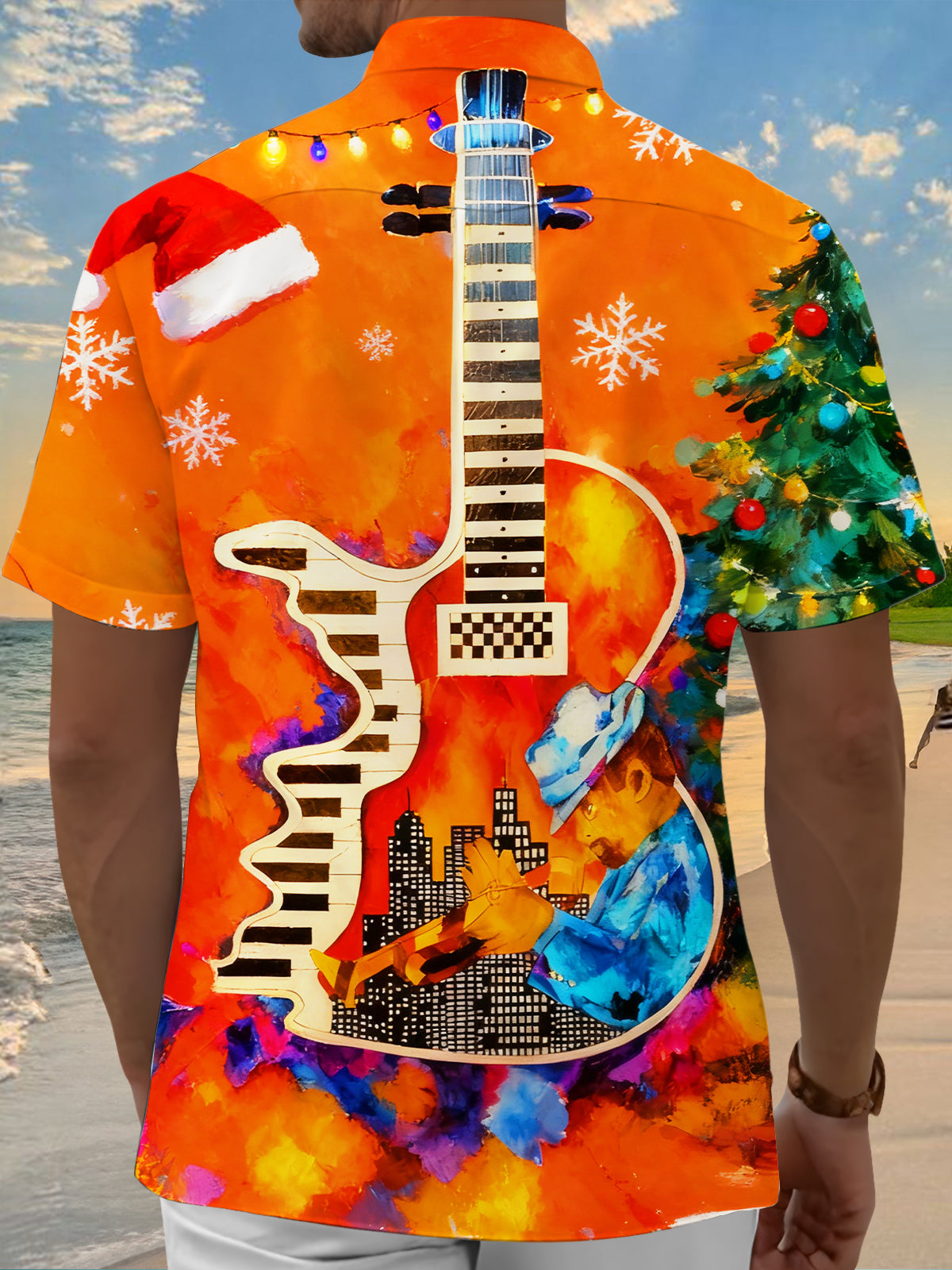 Tie Dye Music Guitar Piano Instruments Christmas Tree Men's Pocket Short Sleeve Shirts