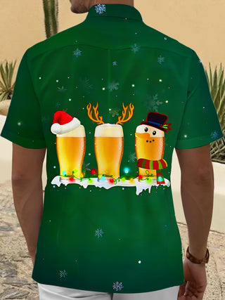Men's Christmas beer print short sleeve shirt back view