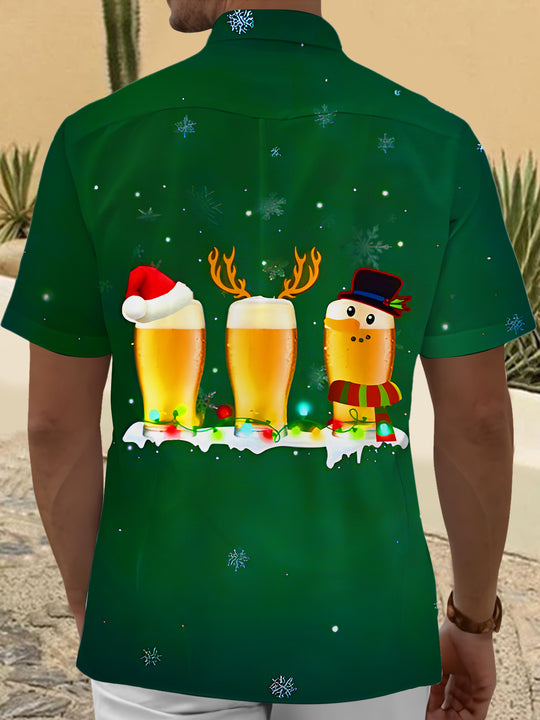 Men's Christmas beer print short sleeve shirt back view
