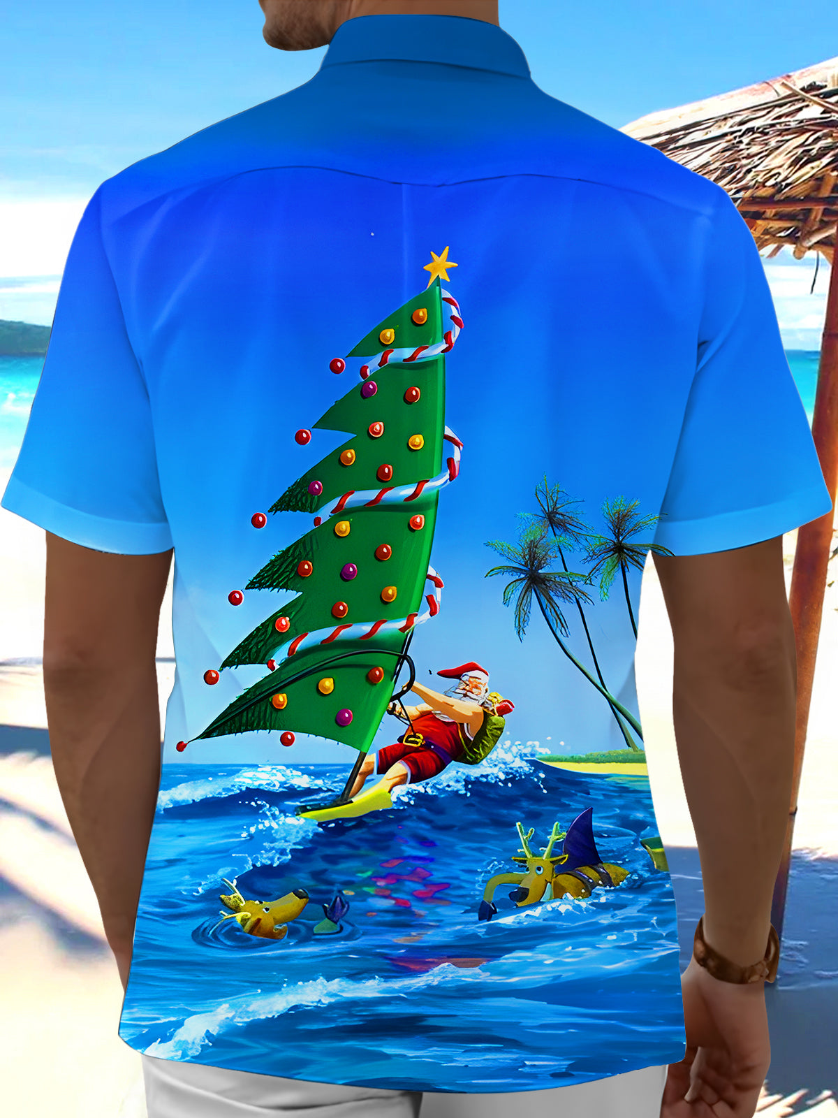 Fun Hawaiian Coconut Tree Santa Claus Sailing Surfing Xmas Men's Pocket Short Sleeve Shirts