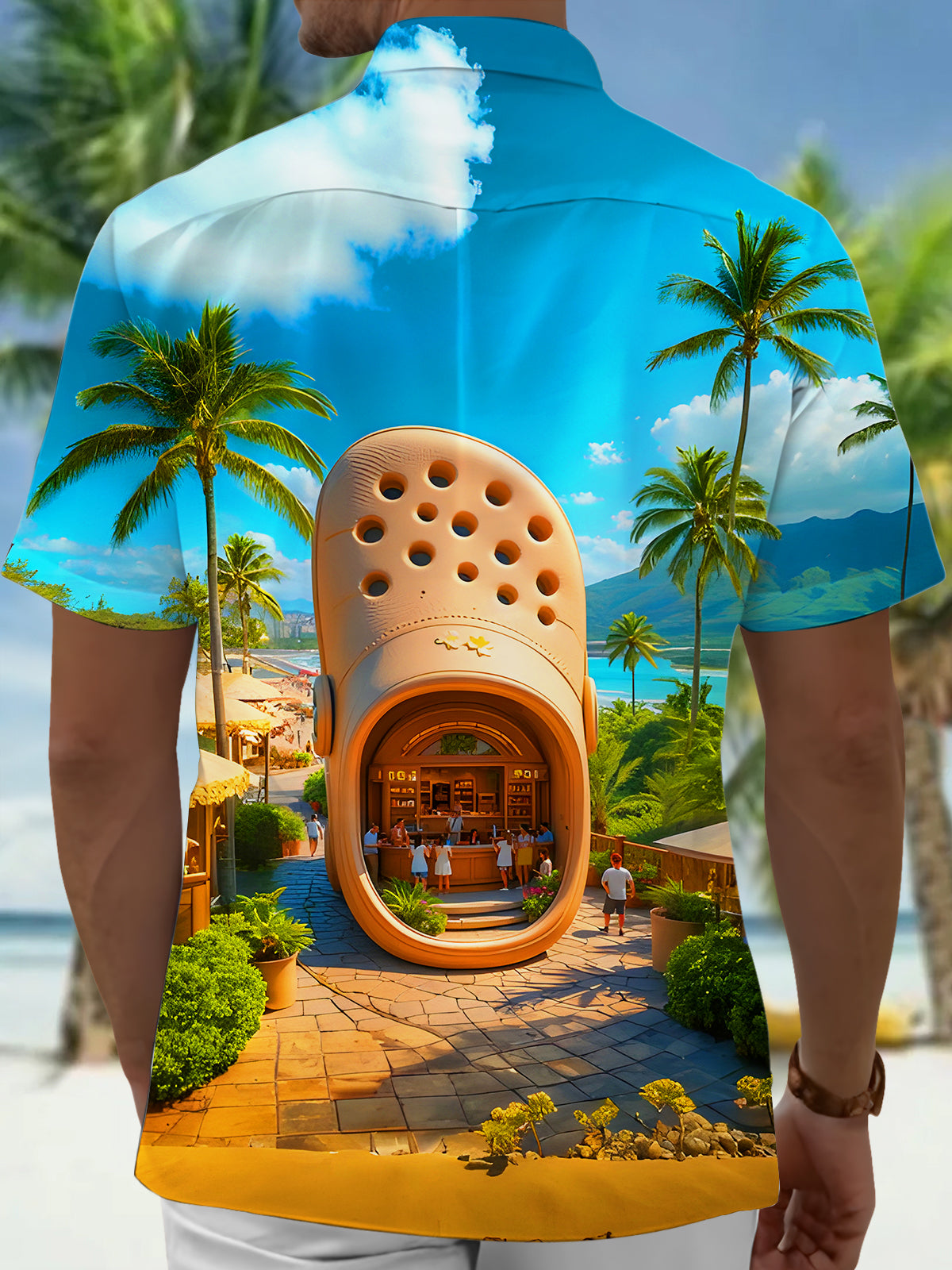 Fun Hawaiian Coconut Tree Clogs Men's Pocket Short Sleeve Shirts