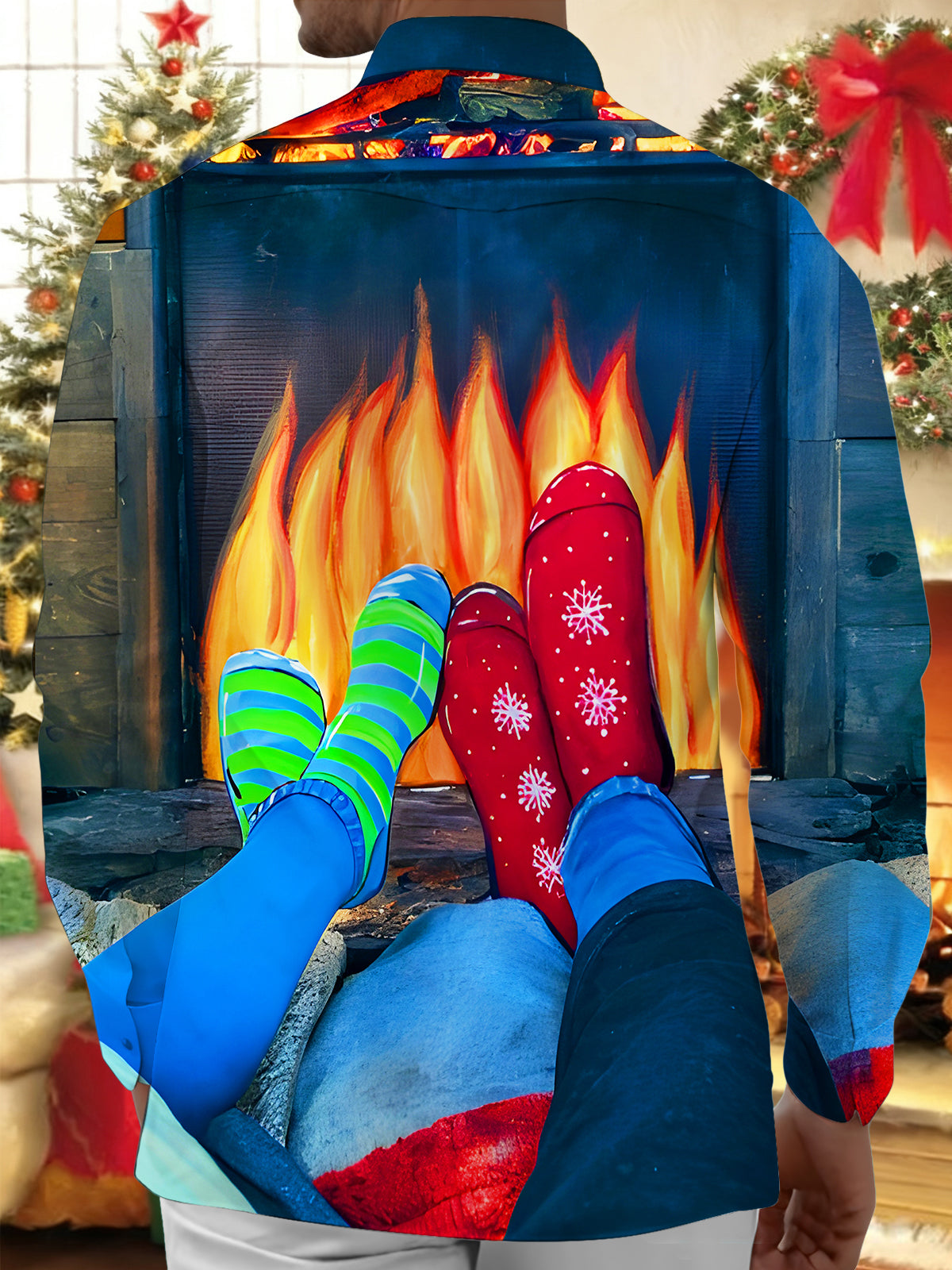 Fun Christmas Fireplace Warmth Xmas Men's Pocket Long Sleeve Shirts