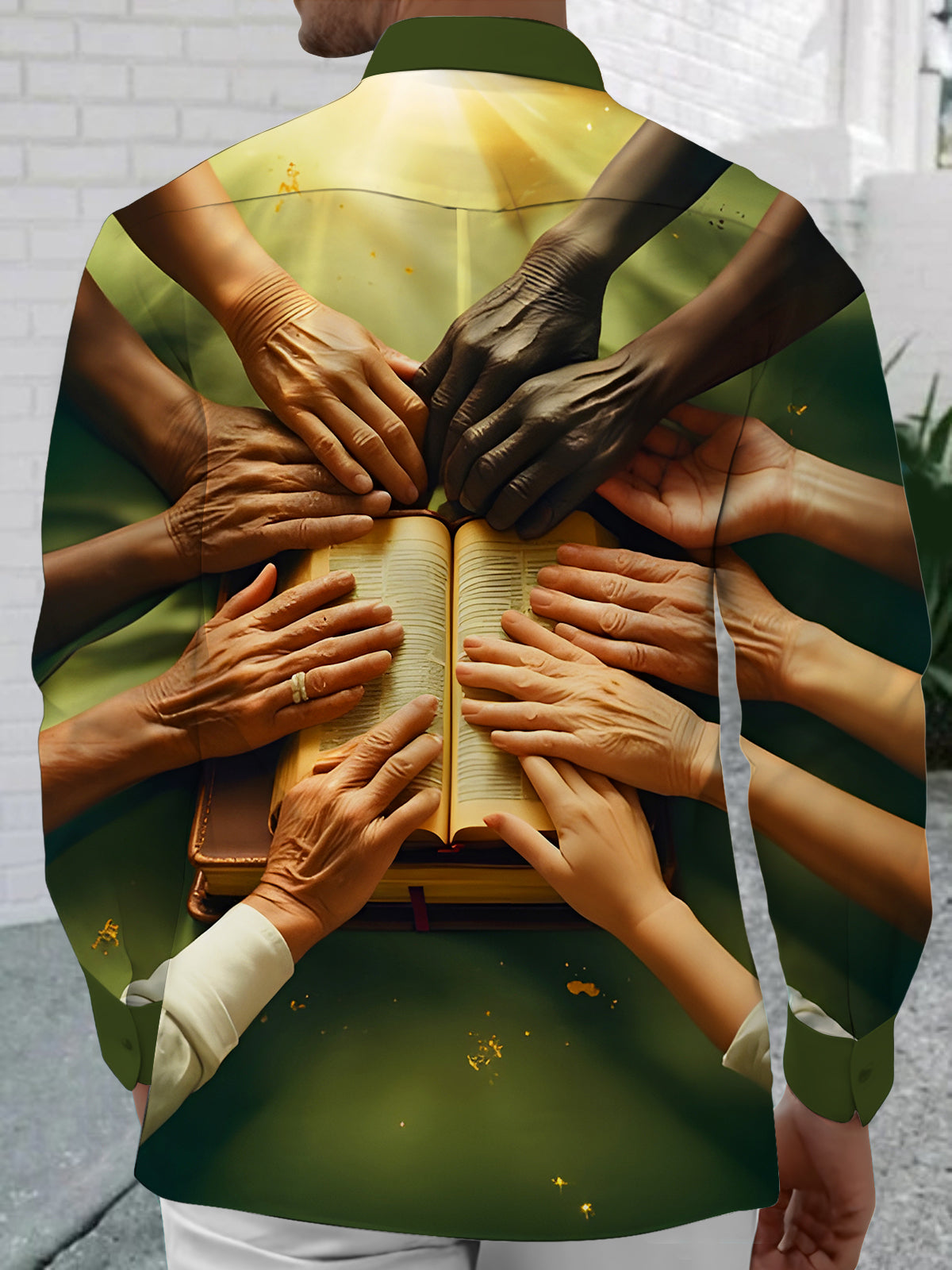 Multi-ethnic Hands Unity Shared Faith Bible Men's Pocket Long Sleeve Shirts