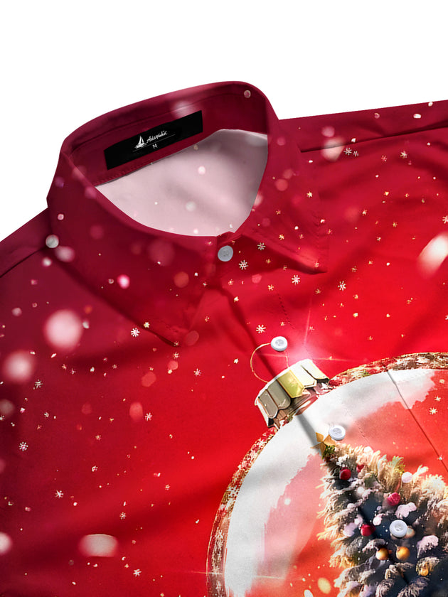 Men's red Christmas tree print short sleeve shirt side view