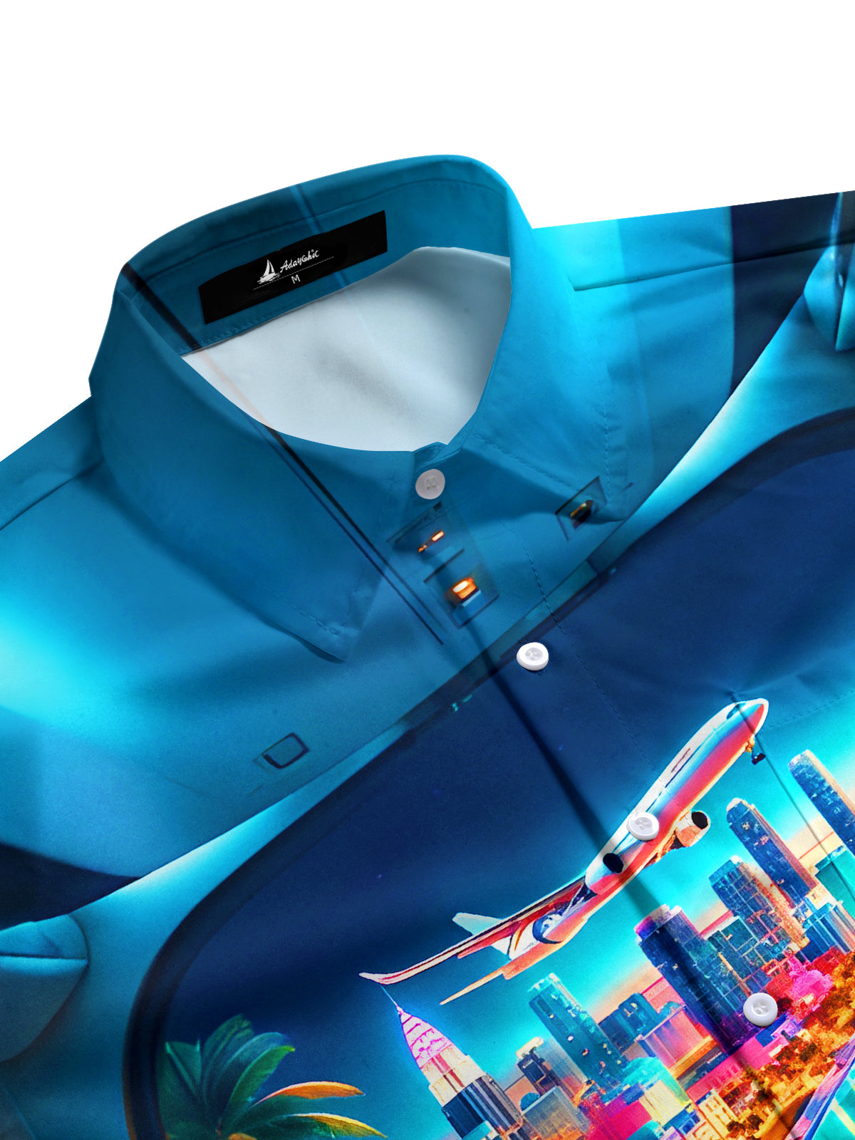 Aircraft Cockpit Coconut Trees City Night View Men's Pocket Short Sleeve Shirts