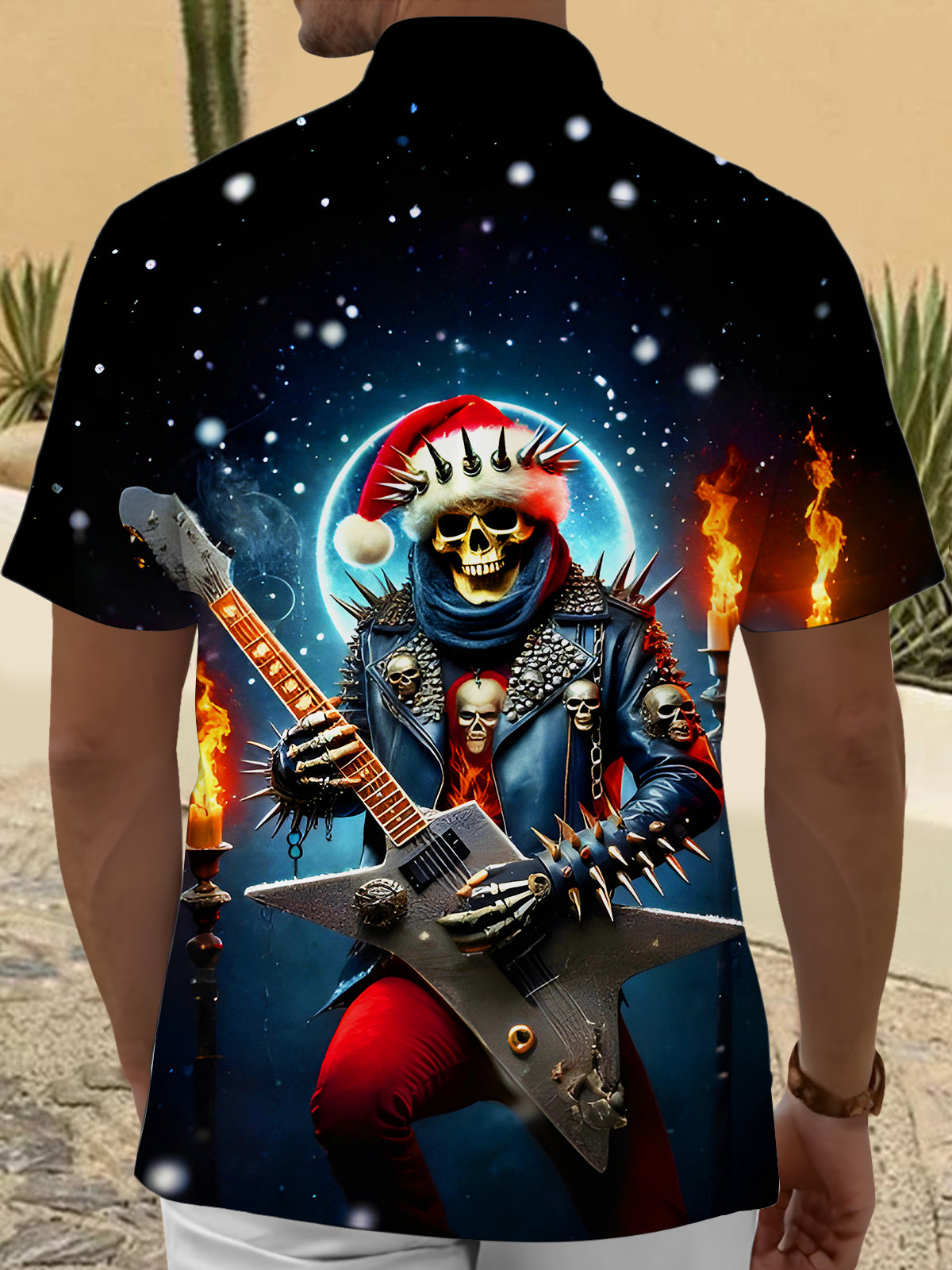 Fun Christmas Skull Guitar Rock Music Men's Pocket Short Sleeve Shirts