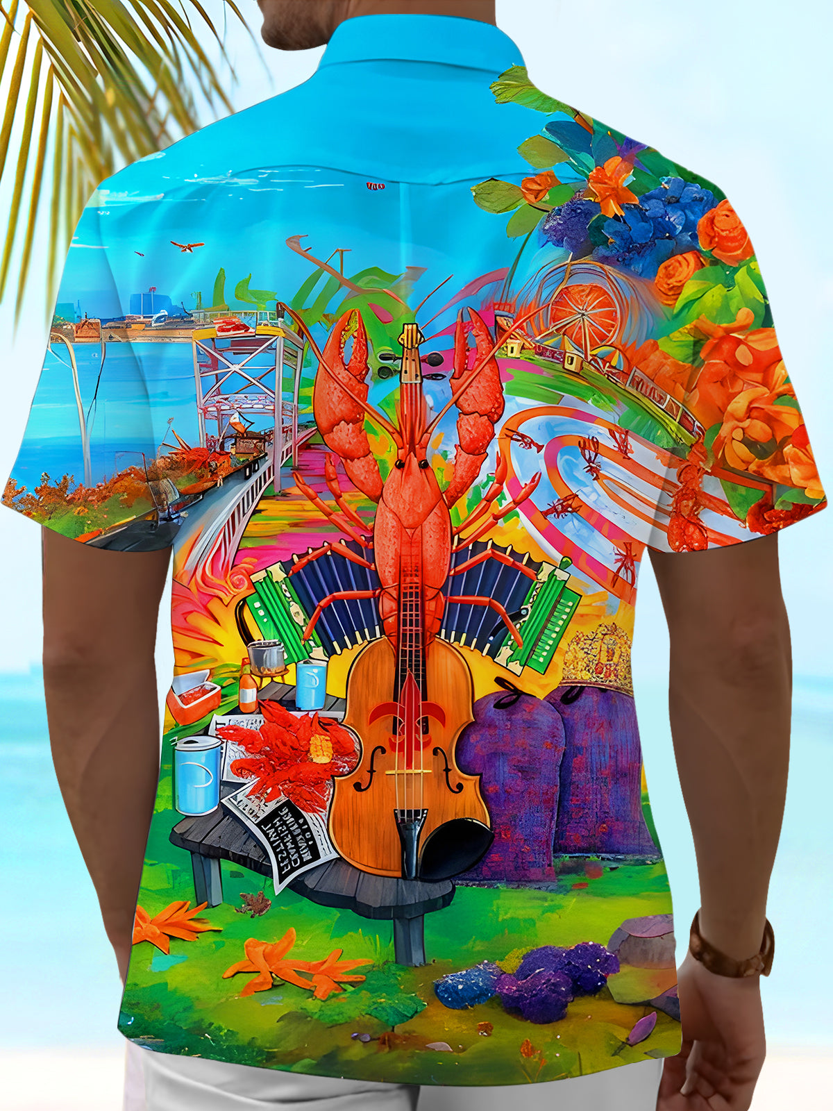 Hawaiian Crawfish Violin Accordion Art Music Men's Pocket Short Sleeve Shirts