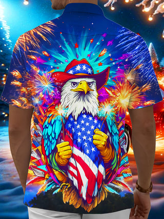 Men's red short sleeve shirt with eagle and American flag print, back view