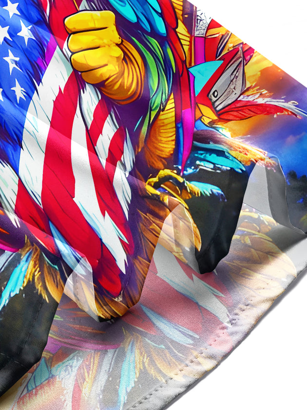 Men's short sleeve shirt with eagle and American flag print, lifestyle outdoor scene