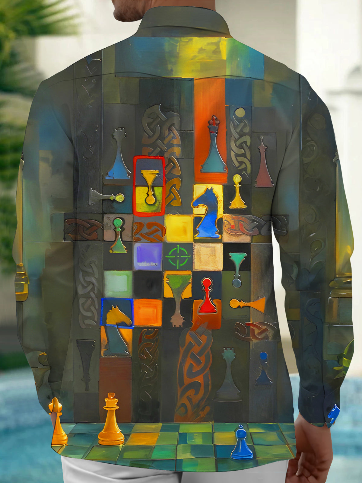 Retro Art Chess Men's Pocket Long Sleeve Shirts