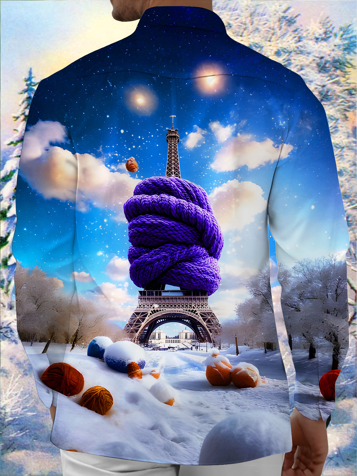 Fun Snow Scarf Eiffel Tower Men's Pocket Long Sleeve Shirts