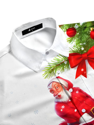 Men's half sleeve Santa Claus spoof print shirt side view for festive holiday