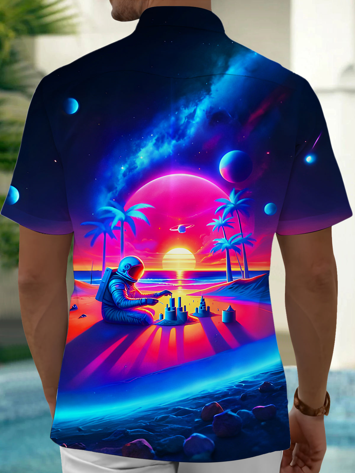 Fun Psychedelic Coconut Tree Sunset Astronaut Building Castles Men's Pocket Short Sleeve Shirts
