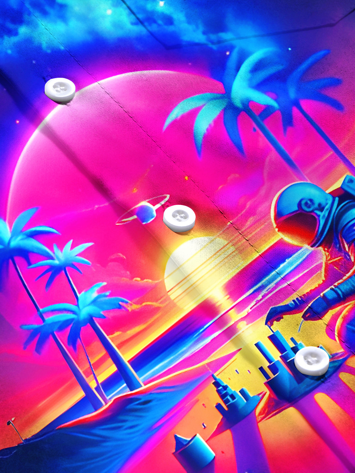 Fun Psychedelic Coconut Tree Sunset Astronaut Building Castles Men's Pocket Short Sleeve Shirts