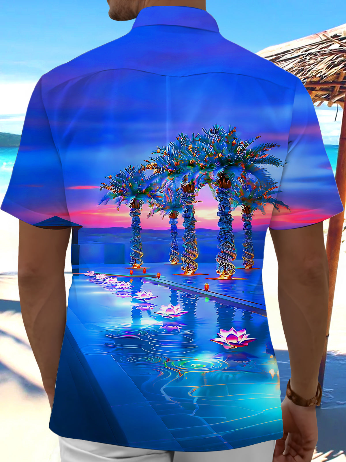 Hawaiian Palm Tree Water Lily Men's Pocket Short Sleeve Shirts