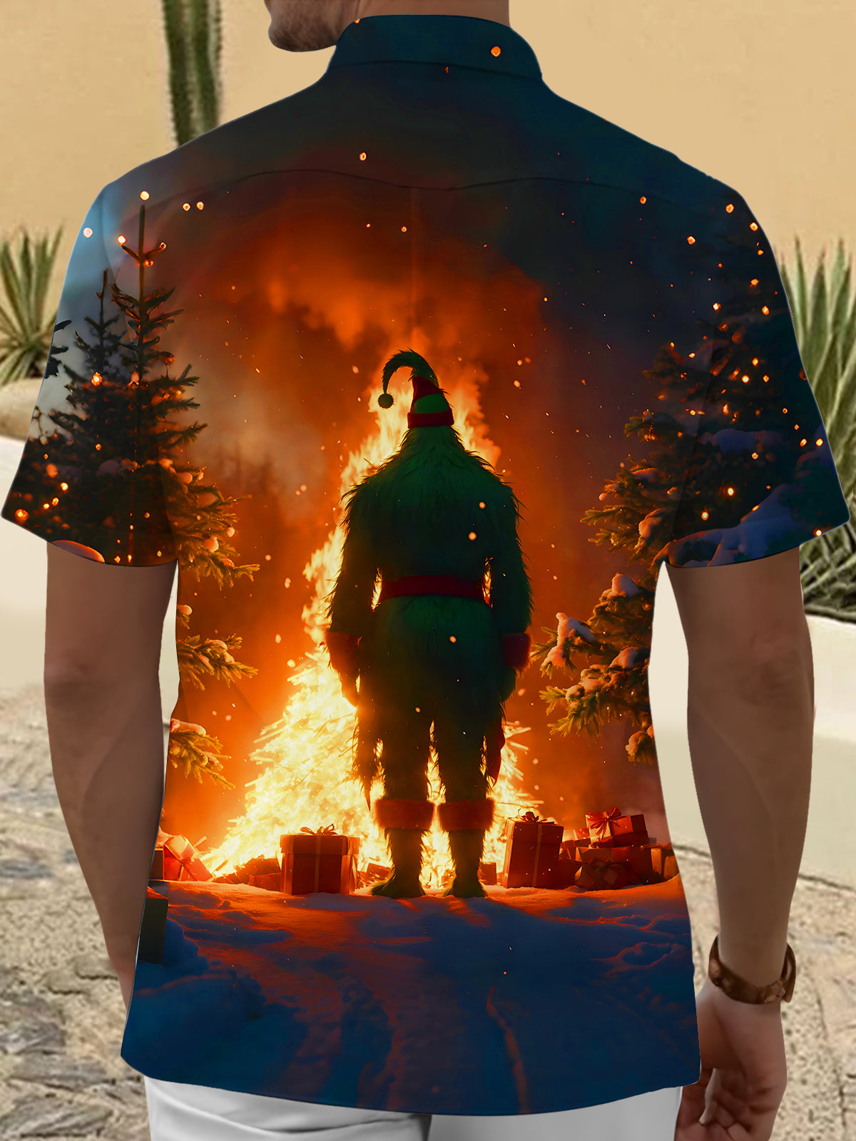 Fun Christmas Green-haired Man Flame Xmas Men's Pocket Short Sleeve Shirts