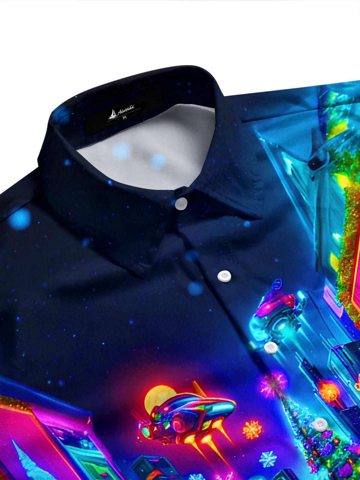 Psychedelic Neon Interstellar City Christmas Tree Santa Claus Xmas Men's Pocket Long Sleeve Shirts