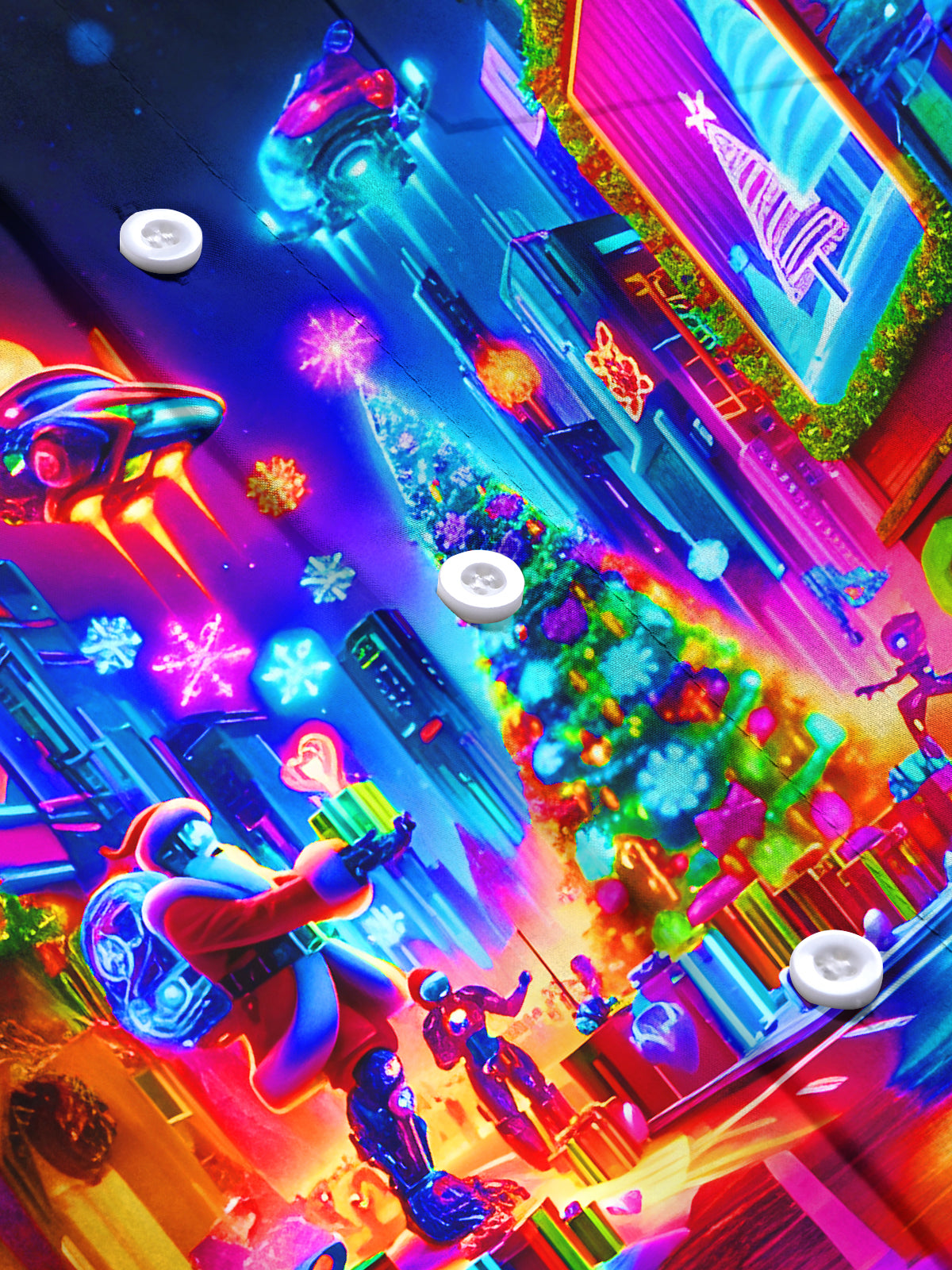 Psychedelic Neon Interstellar City Christmas Tree Santa Claus Xmas Men's Pocket Long Sleeve Shirts