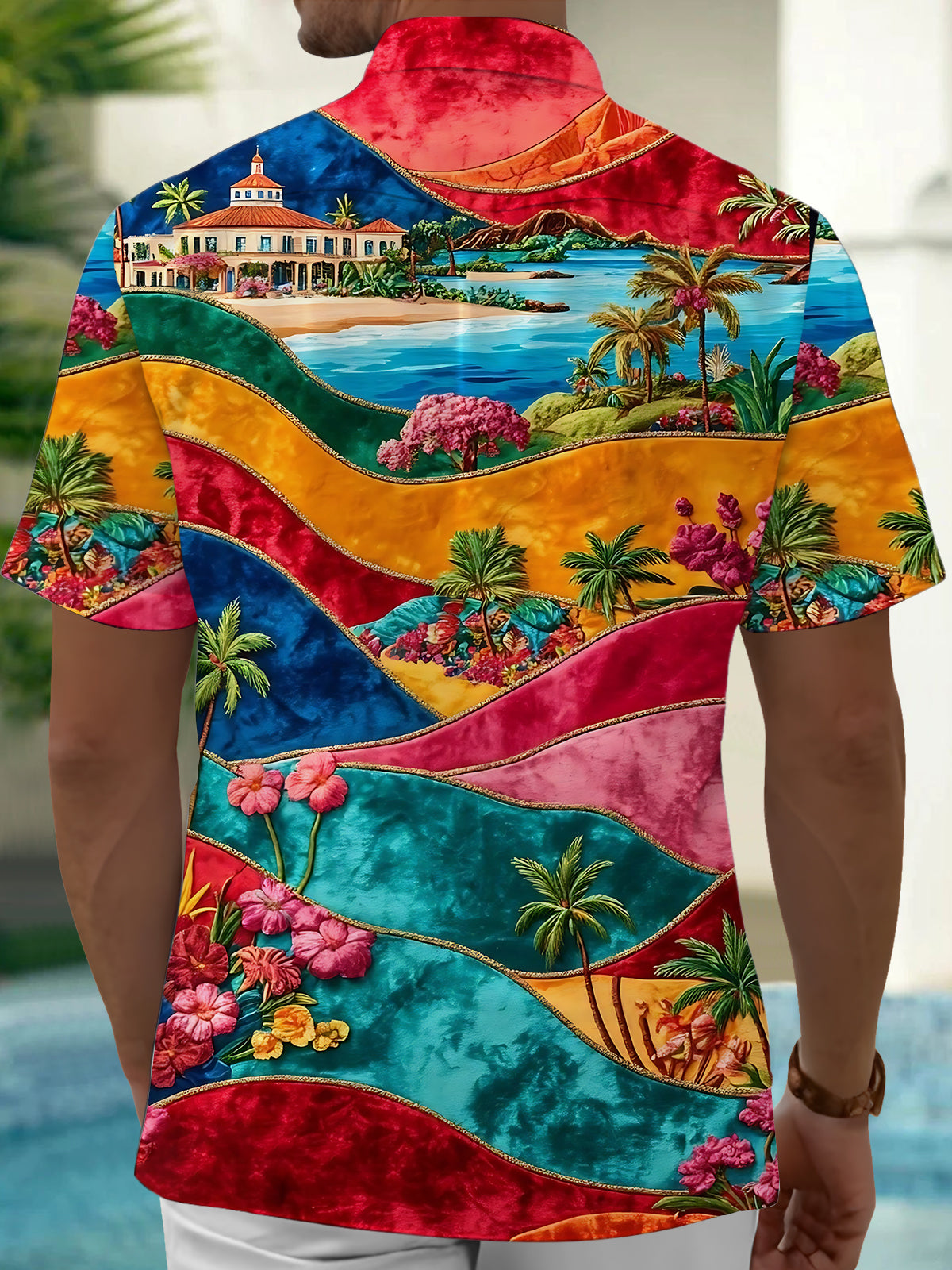 Colorful Hill Ocean Palm Print Men's Pocket Short Sleeve Shirts