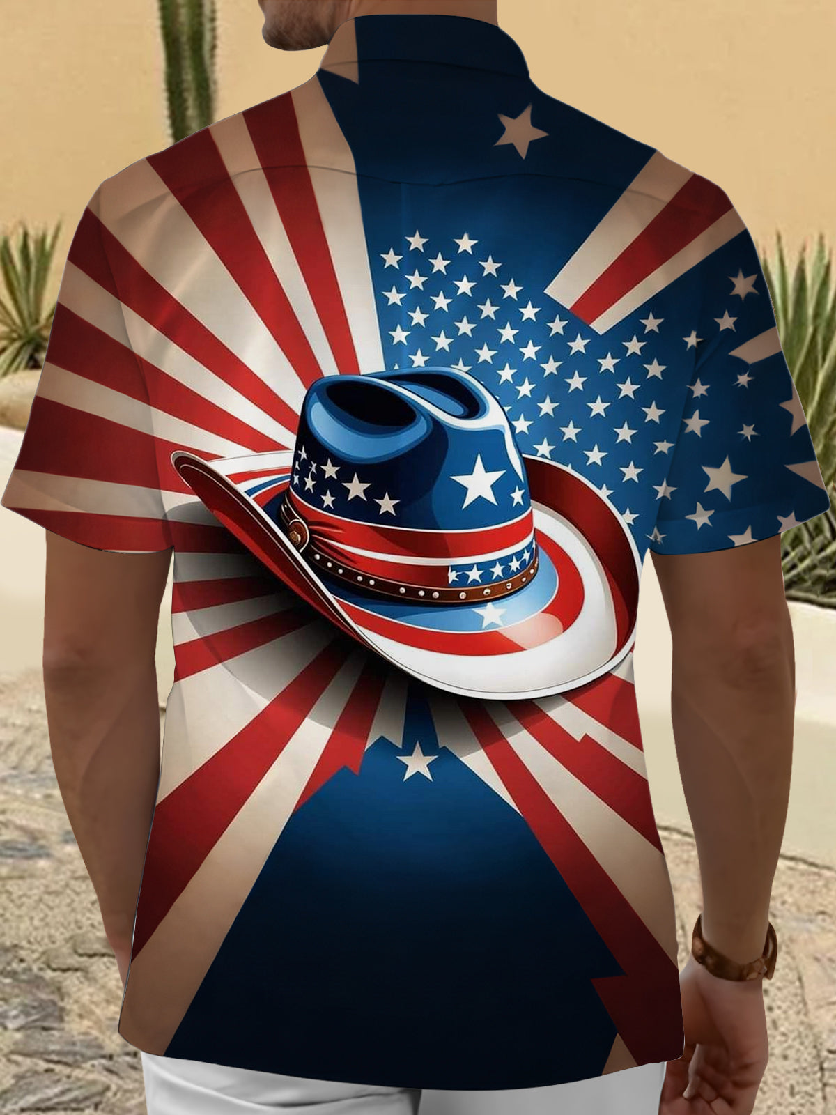 American Flag Cowboy Hat Print Men's Pocket Short Sleeve Shirts