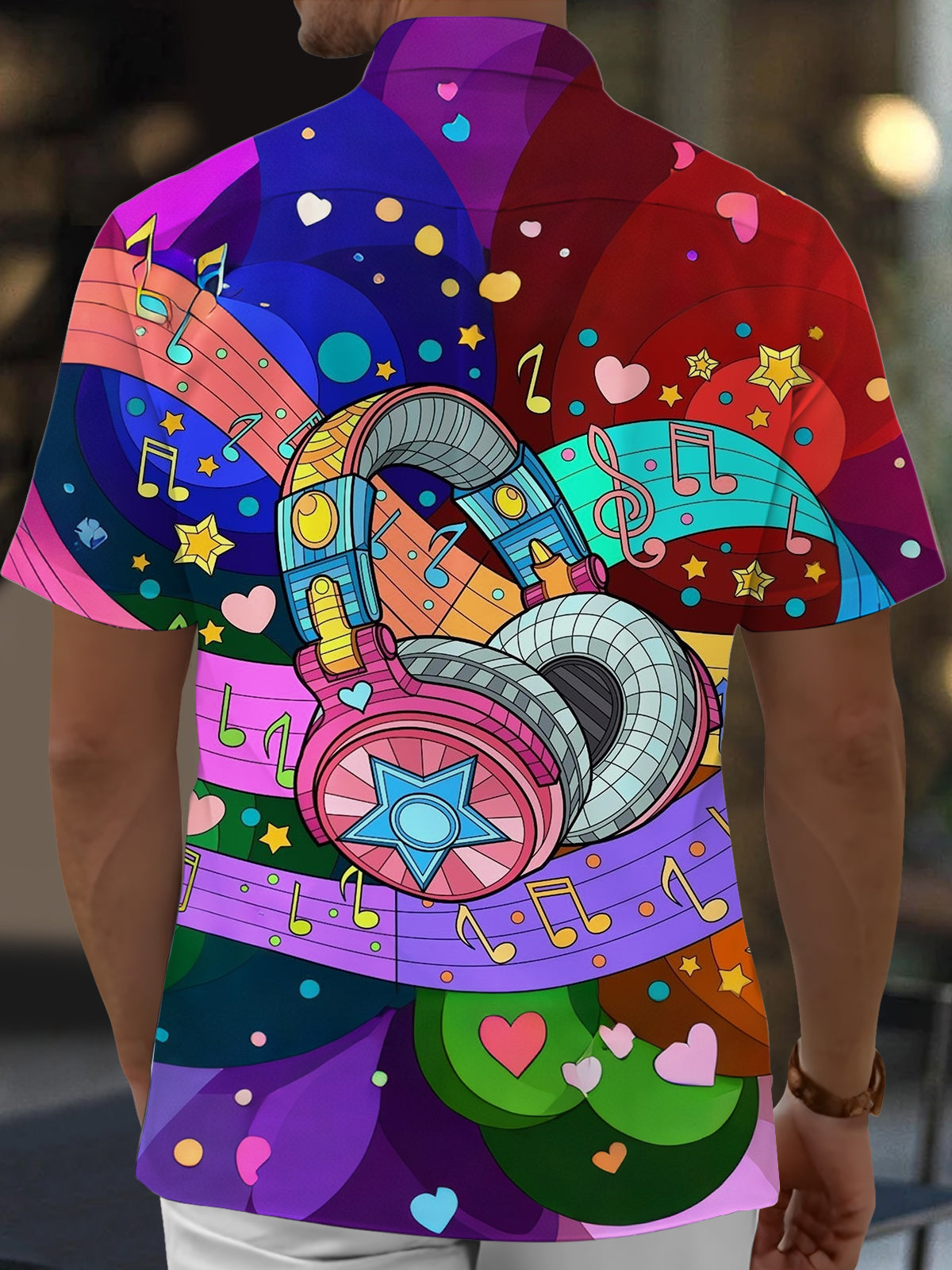 Headphone Note Print Men's Pocket Short Sleeve Shirts