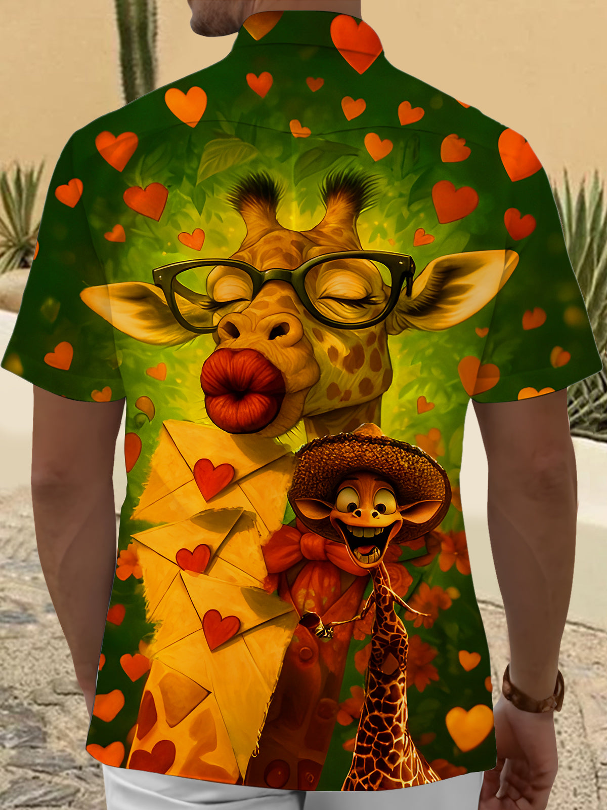 Fun Heart-Shaped Giraffe Kissing Men's Pocket Short Sleeve Shirts