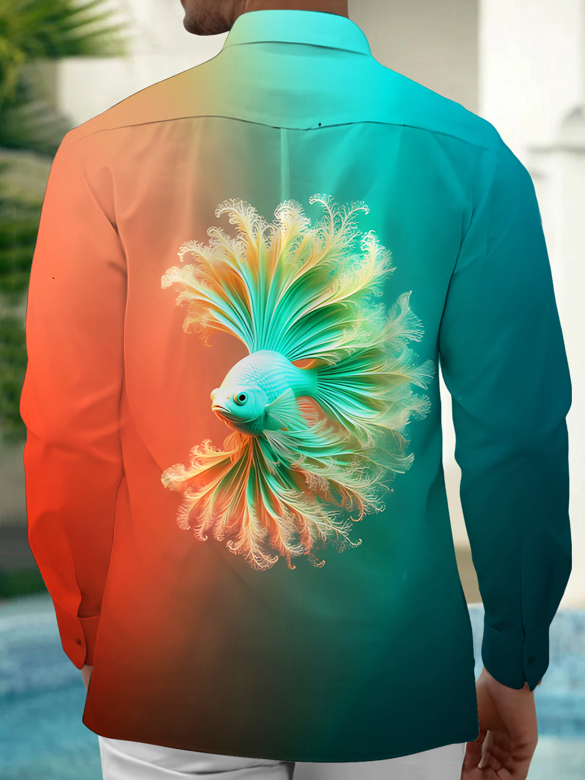 Fun Gradient Flowing Tail Ornamental Fish Men's Pocket Long Sleeve Shirts