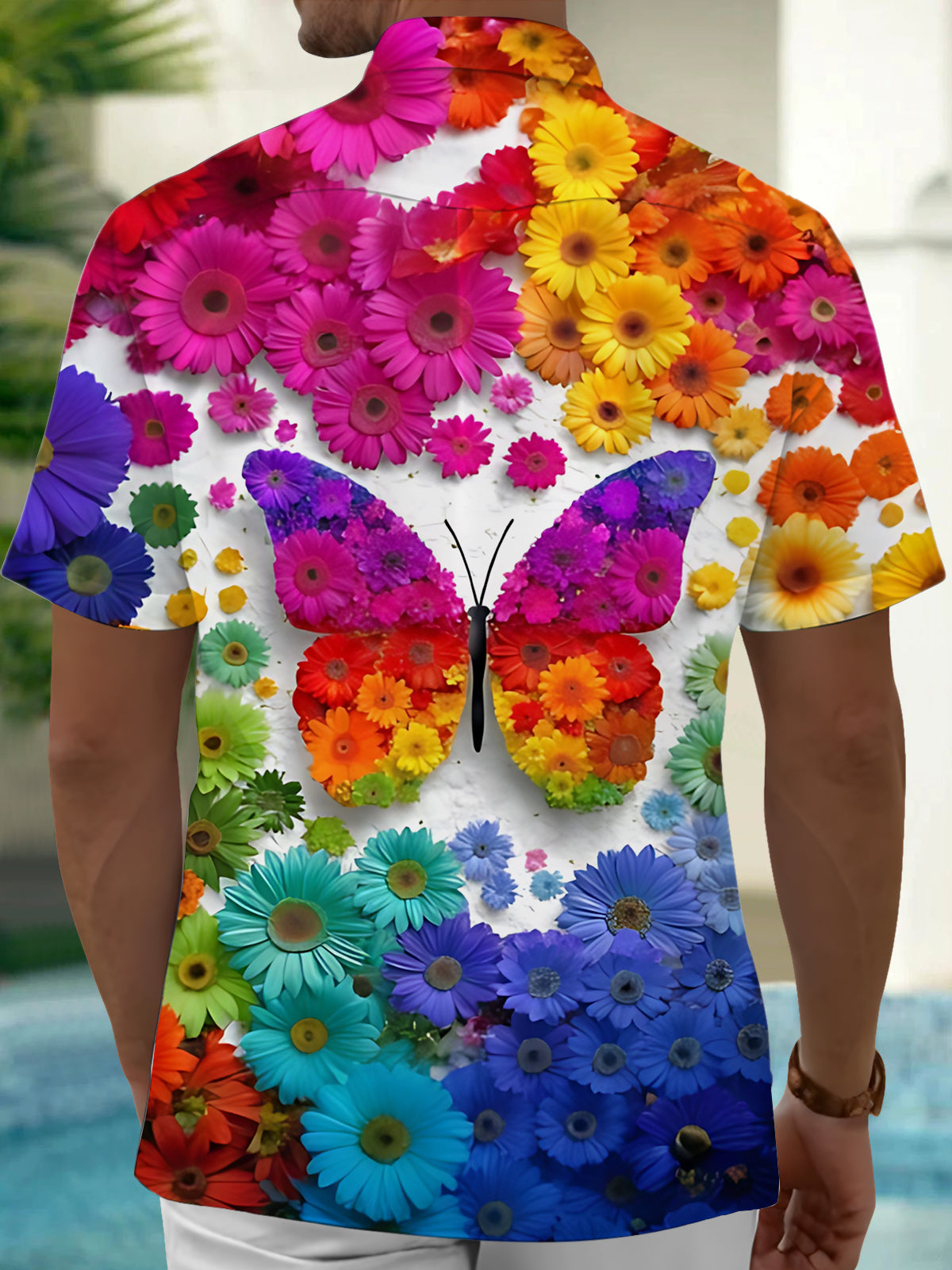Butterfly Flower Print Men's Pocket Short Sleeve Shirts