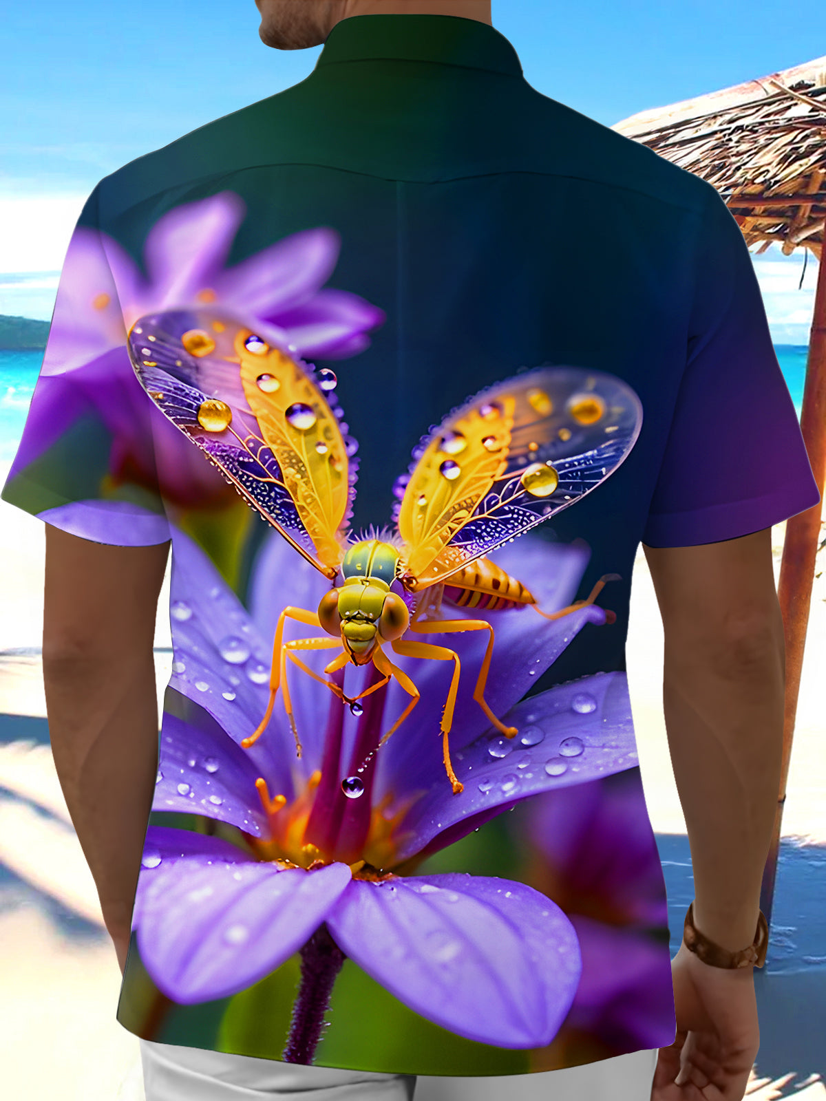 Funny Colorful Insect Purple Flower Men's Pocket Short Sleeve Shirts