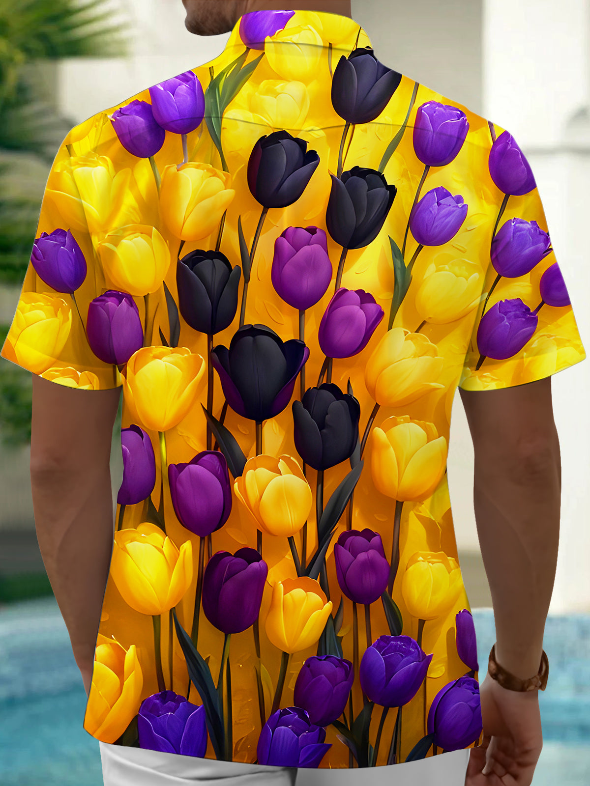 Hawaiian Colorful Tulips Floral Men's Pocket Short Sleeve Shirts