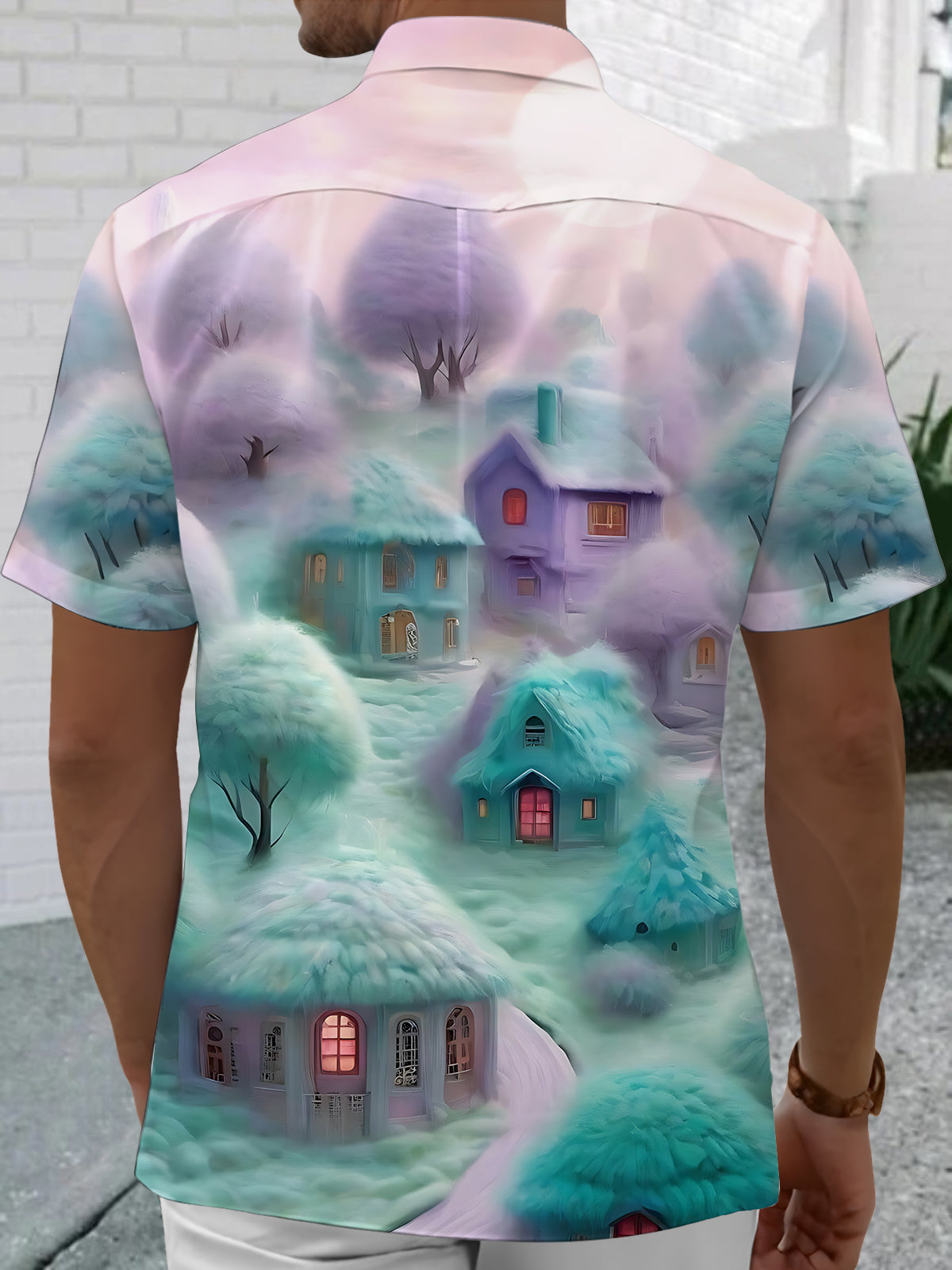 Dreamy Village Print Men's Pocket Short Sleeve Shirts