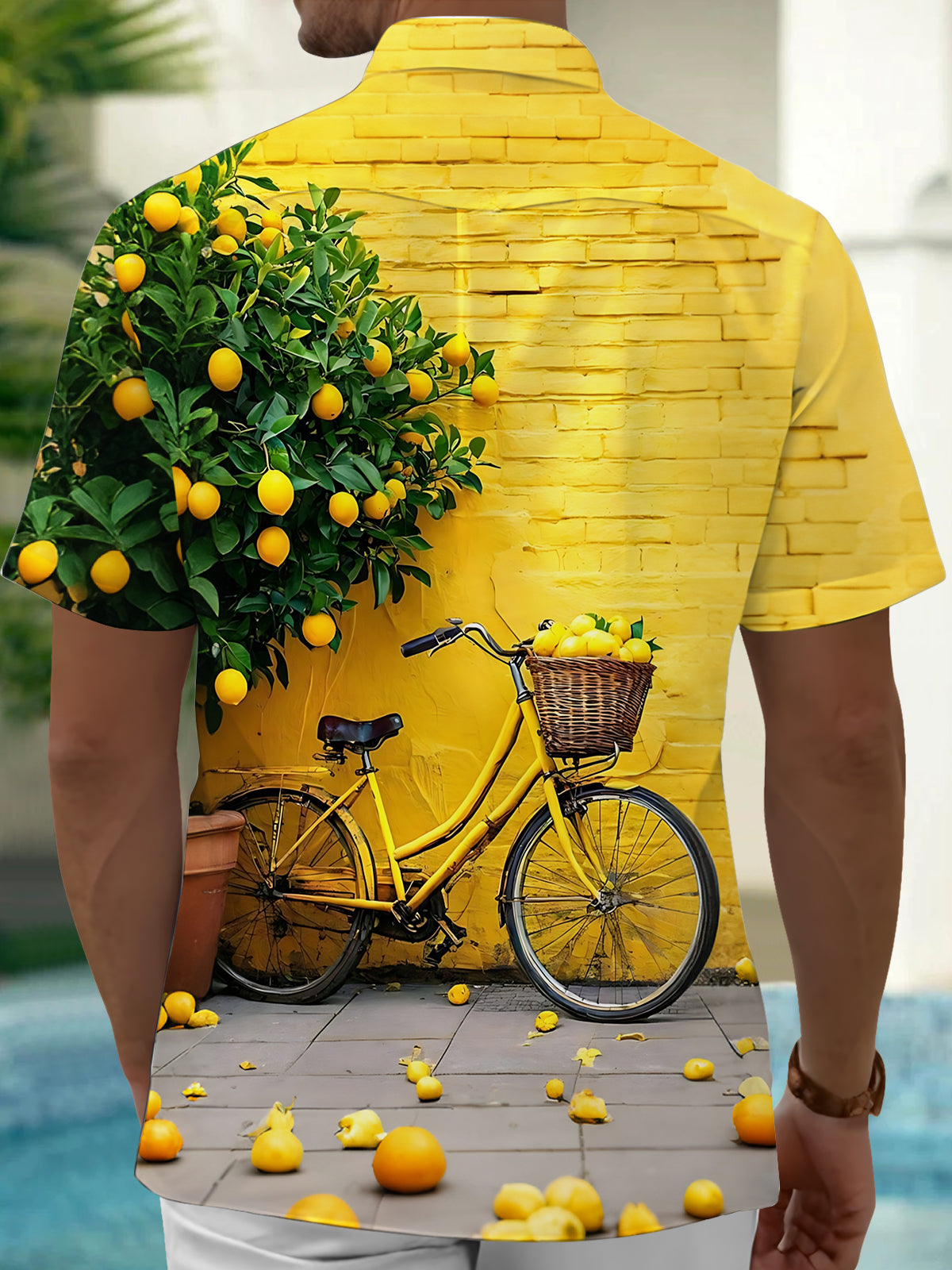 Bicycle Lemon Tree Print Men's Pocket Short Sleeve Shirts