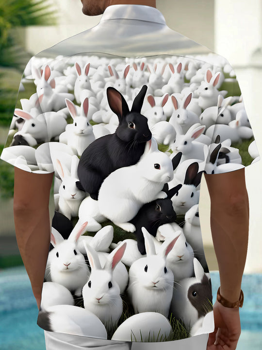 men's short sleeve shirt with rabbit pattern back view