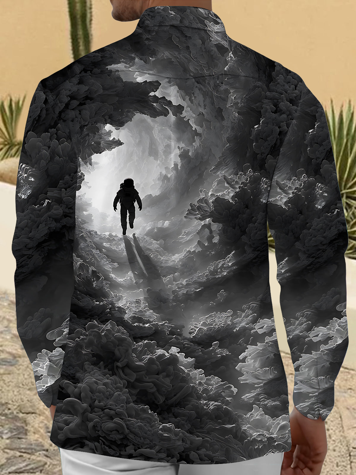 Cloud Astronaut Print Men's Pocket Long Sleeve Shirts