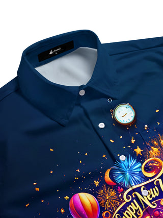 Men's side view short sleeve shirt with champagne balloons clock pattern for New Year celebration