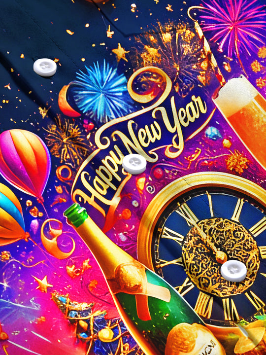 Men's champagne balloons clock print short sleeve shirt flat lay