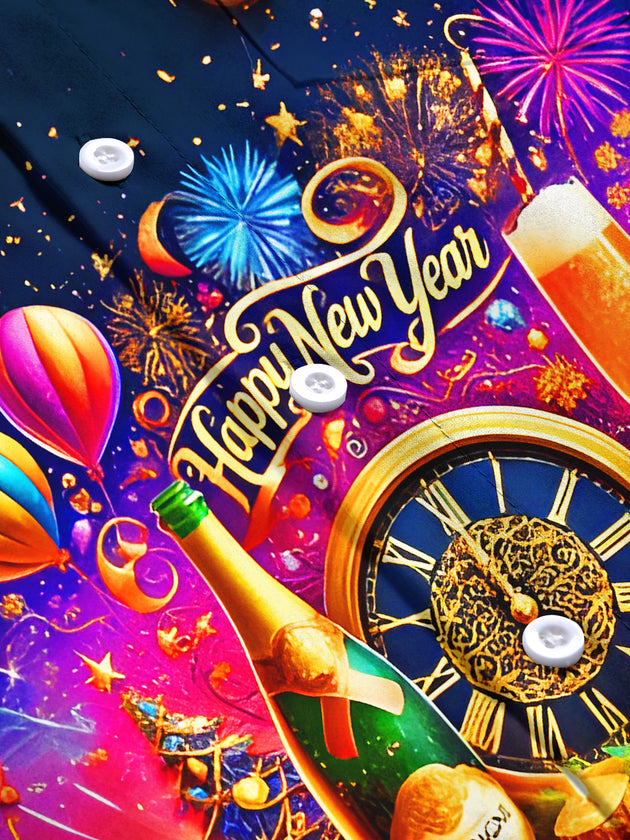 Men's champagne balloons clock print short sleeve shirt flat lay
