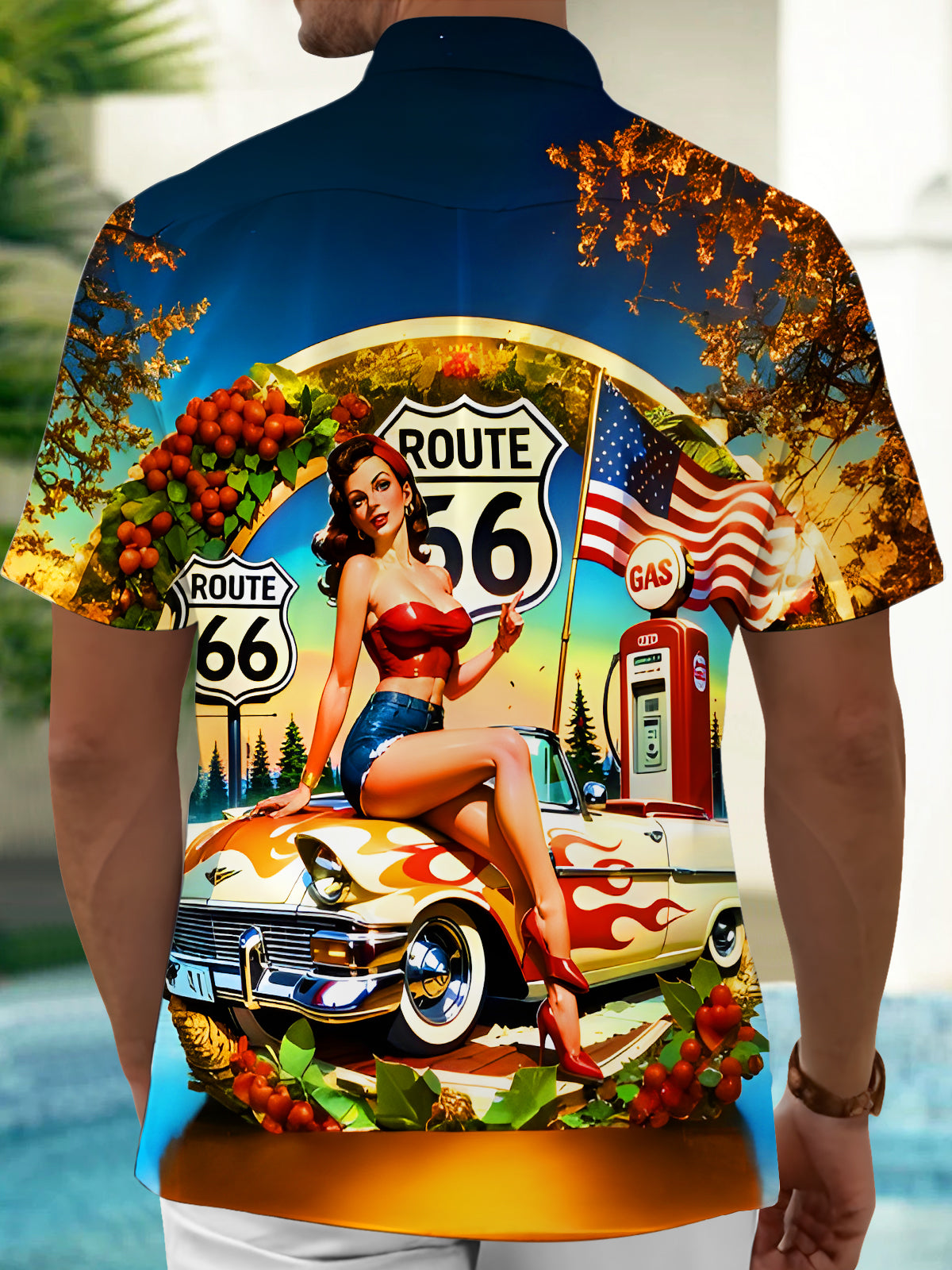 Fun Retro Route 66 Beauty Car Men's Pocket Short Sleeve Shirts