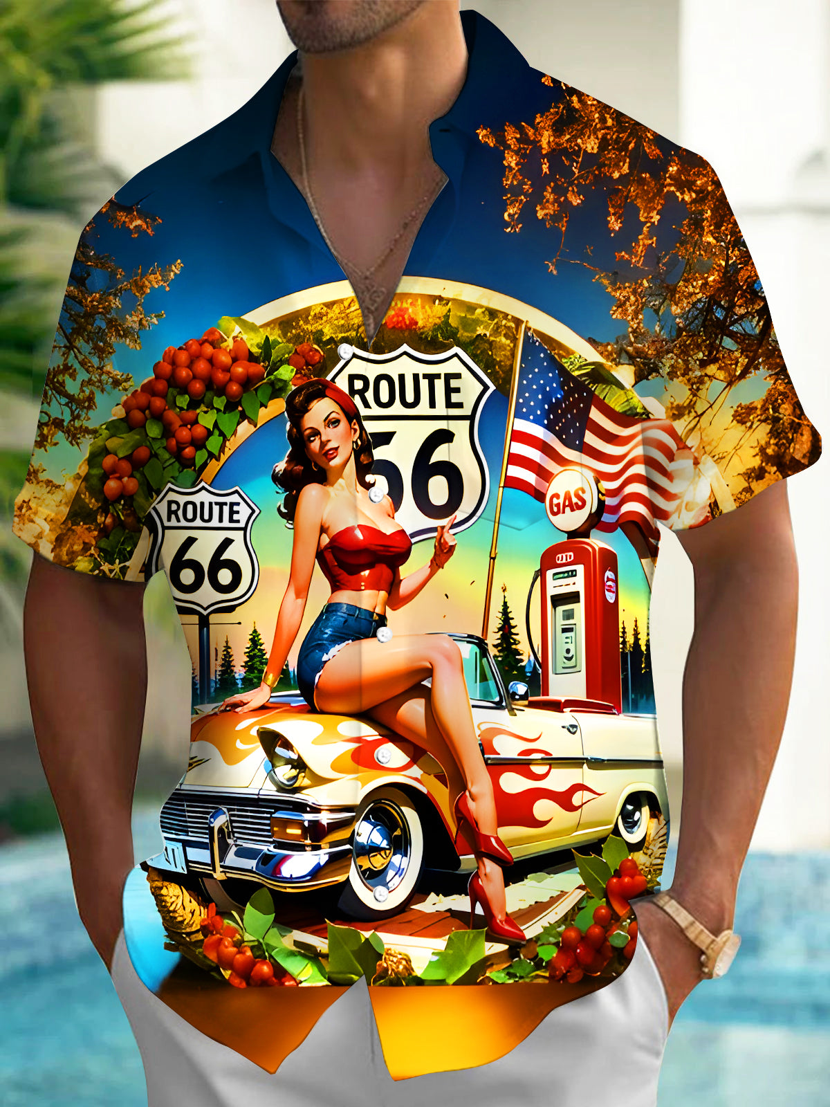 Fun Retro Route 66 Beauty Car Men's Pocket Short Sleeve Shirts