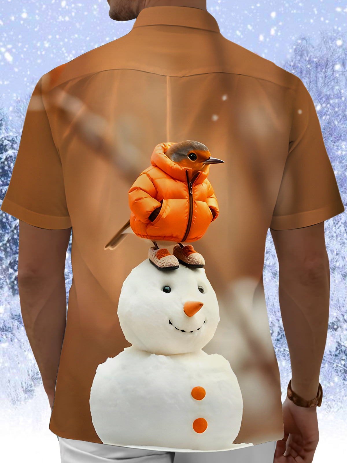 Fun Down Jacket Little Bird Snowman Men's Pocket Short Sleeve Shirts