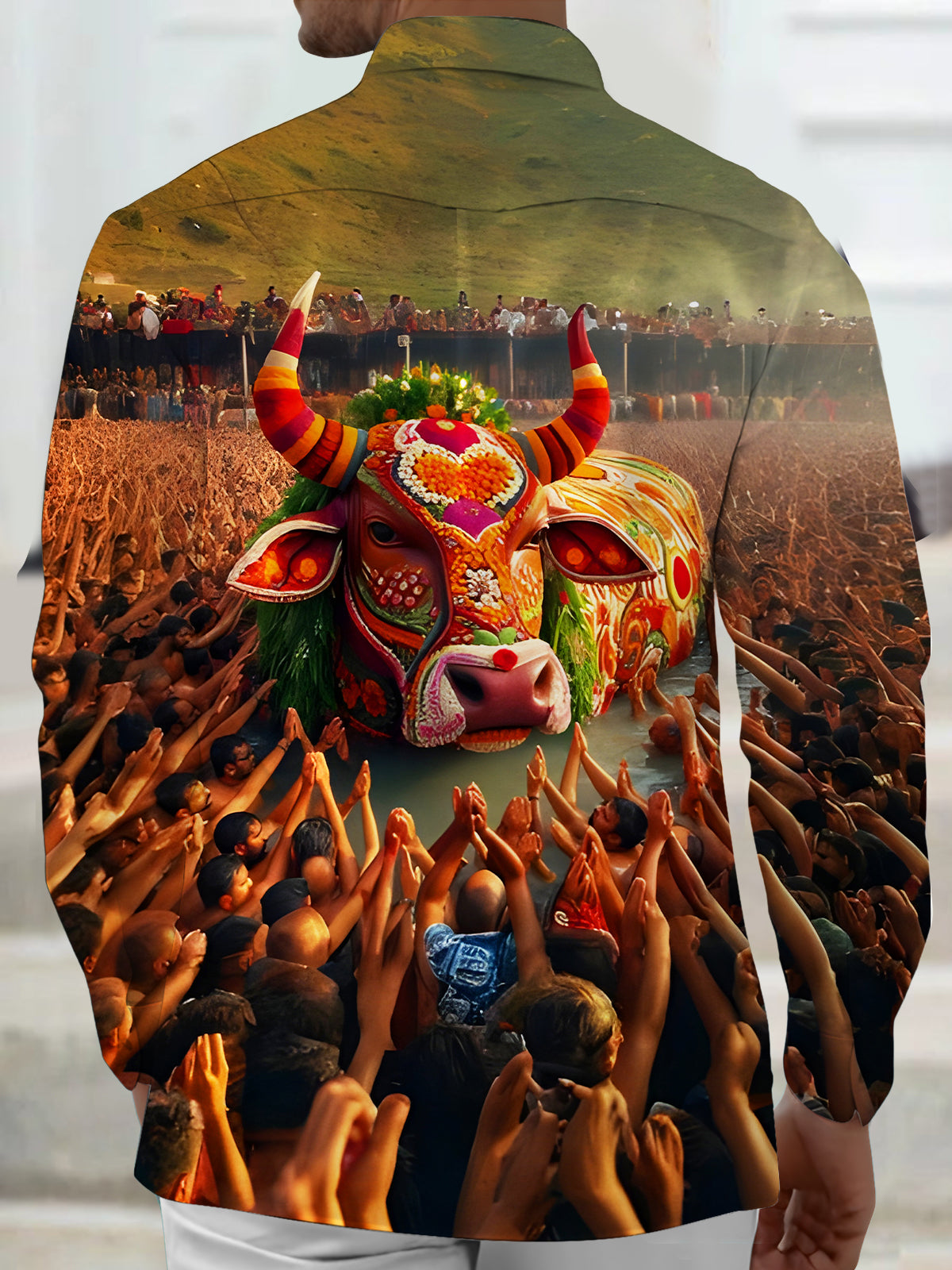 Decorated Bull Festival Religion Prayer Harvest Men's Pocket Long Sleeve Shirts