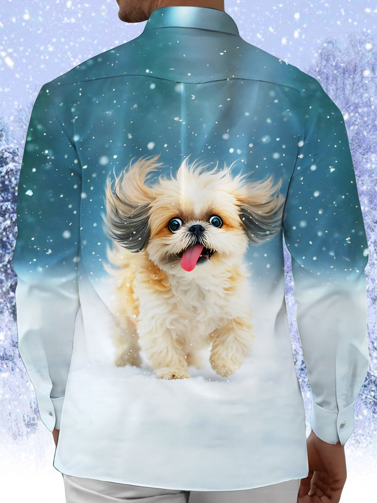 Fun Winter Puppy Snowflake Men's Pocket Long Sleeve Shirts