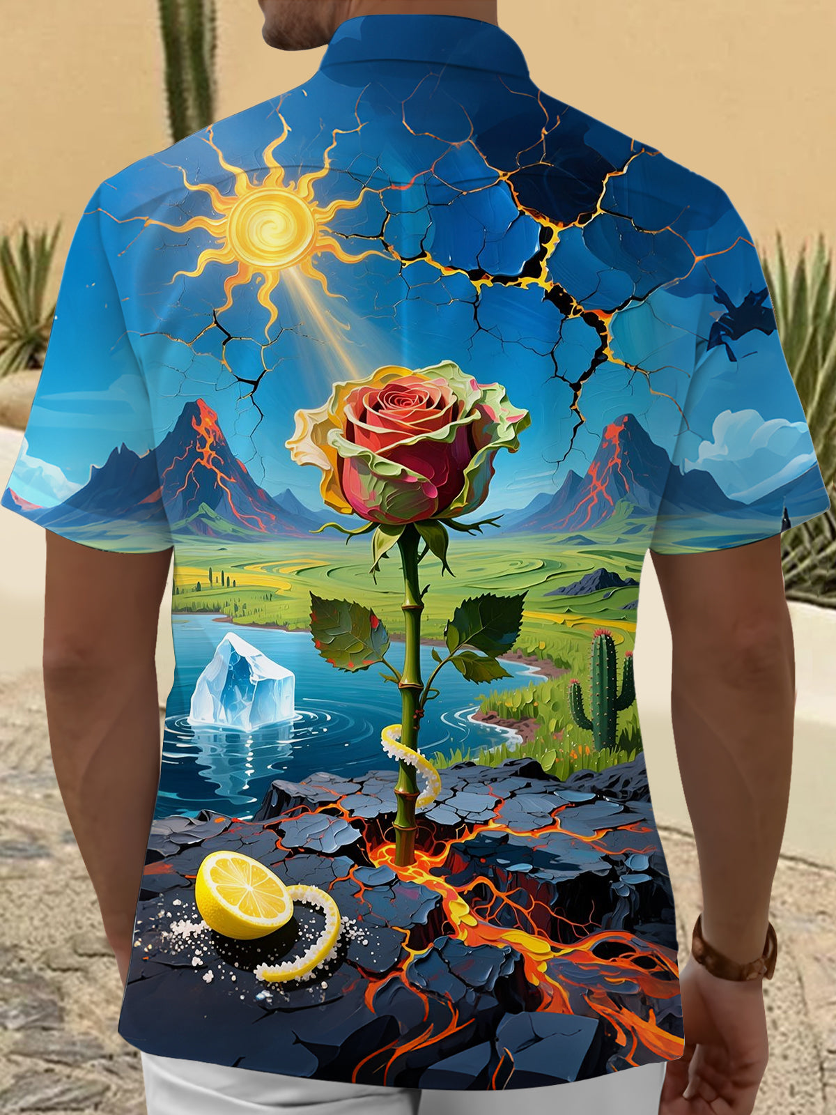 Rose Flower Print Men's Pocket Short Sleeve Shirts