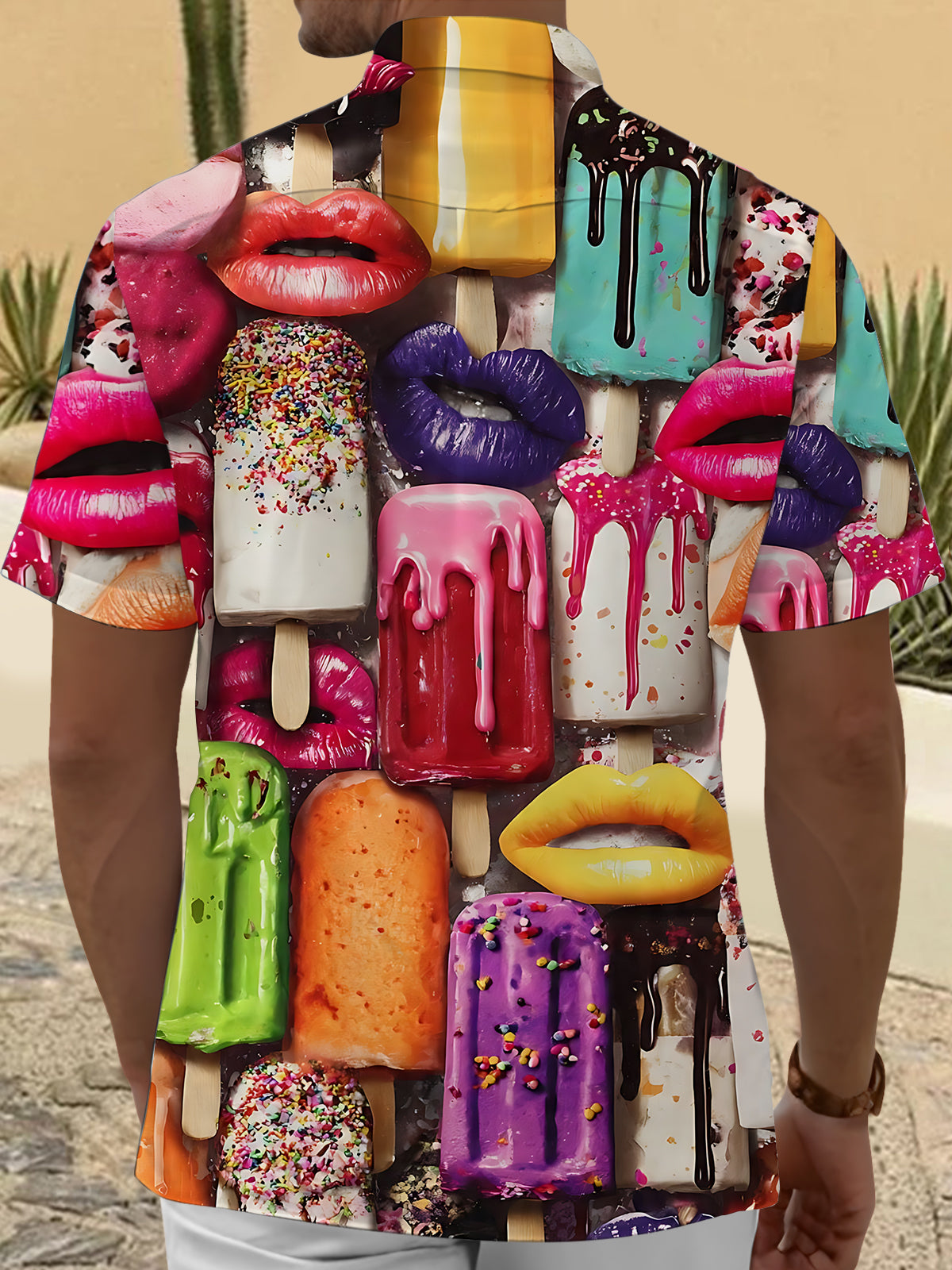 Lip Popsicle Print Men's Pocket Short Sleeve Shirts