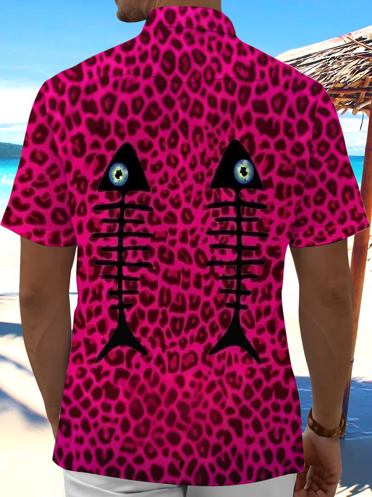 Fishbone Leopard Print Men's Pocket Short Sleeve Shirts