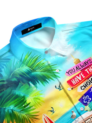 Men's side view tropical palm tree pocket half sleeve shirt